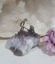 Load image into Gallery viewer, Gorgeous Miner on Amethyst Crystal Cluster Stone with pyrite. Inspires Intuition and spirituality