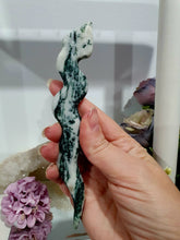 Load image into Gallery viewer, Snake Animal Moss Agate Crystal Carving. Promotes Grounding & Connection to Earth. This is a gorgeous piece.