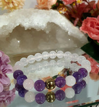 Load image into Gallery viewer, Beautiful POWERHEALER Crystal Beaded Bracelet. Amethyst, Rose Quartz, Quartz & Pyrite. 8mm