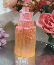 Load image into Gallery viewer, Lovely Peach coloured (dyed) Selenite tower. Aids in cleansing and grounding.
