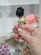 Load image into Gallery viewer, Lovely Rose Flower Black Obsidian Crystal Carving with silver stem.
Promotes Protection and Balance