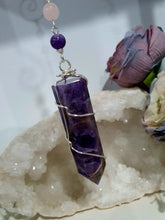 Load image into Gallery viewer, Crystal Suncatchers - WAND OF INSIGHT - Handcrafted Amethyst Tower Point Stone Silver Crystal Energy Enhancer© Hanger Ornament Suncatcher. Beaded with Amethyst and rose quartz. Inspires insight and spiritality