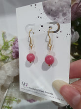 Load image into Gallery viewer, Crystal Beaded Earrings - Rhodochrosite & Quartz on gold 8mm | Compassion & Power