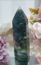 Load image into Gallery viewer, Moss Agate Crystal Tower Point Stone
INSPIRES GROUNDING AND CONNECTION TO EARTH
Lovely Moss Agate Crystal Point Tower.