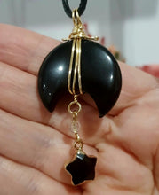 Load image into Gallery viewer, Gorgeous Moon Black Agate Crystal Carving Stone Pendant Necklace wire wrapped in non tarnish gold. Brings courage and dispels fear.