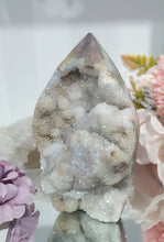 Load image into Gallery viewer, Titanium Aura Sphalerite Flame Tower Druzy Crystal Cluster
PROMOTES PSYCHIC DEVELOPMENT AND UPLIFTS
Absolutely Stunning Titanium Aura Sphalerite Crystal Flame Crystal Cluster. The Druzy and formation on this is spectacular!.