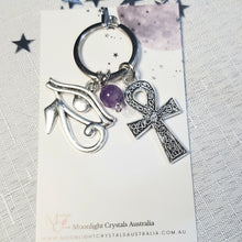 Load image into Gallery viewer, Keyring EGYPTIAN EYE OF RA & ANKH with Amethyst Crystal Bead key ring | Inspires Intuition