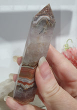 Load image into Gallery viewer, SECONDS STOCK - Amethyst Agate Crystal Point Tower Stone
THIS POINT IS A TAD WOBBLY
INSPIRES INTUITION AND WELLBEING
Amethyst Agate Tower Crystal Stone. is a little wobbly.