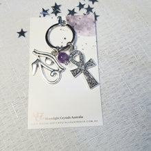 Load image into Gallery viewer, Keyring EGYPTIAN EYE OF RA & ANKH with Amethyst Crystal Bead key ring | Inspires Intuition