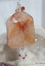 Load image into Gallery viewer, THE FIRE WITHIN" Handcrafted Fire Quartz Tower Crystal Carving Silver Crystal Energy Enhancer© Gemstone / Hanger / Suncatcher / Ornament
STRENGTH | POWER | SPIRITUALITY
Beautiful Fire Quartz Tower Carving Crystal Energy Enhancer© / Sun Catcher / Ornament / Hanger beaded with Fire Quartz, Carnelian and Quartz. wired in Silver