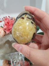 Load image into Gallery viewer, Beautiful polished Septarian Egg Crystal Carving Stone on plastic stand. A must for any crystal collector