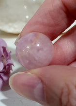 Load image into Gallery viewer, Mini Kunzite Sphere Crystal Carving on Silver Stand Inspiring Peace and Joy