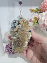 Load image into Gallery viewer, THE SEER AMULET - handcrafted Amethyst Cluster silver Crystal Energy Enhancer© Hanger Ornament Suncatcher
INTUITION / SPIRITUALITY / TRUST
Gorgeous Large Amethyst Cluster beaded with Amethyst, quartz and rose quartz. Wired in Silver