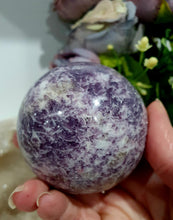 Load image into Gallery viewer, Unicorn Stone Sphere Crystal Carving on Gold Stand. Inspires Calmness, Empathy and Joy.
Unicorn Stone consists of Pink Tourmaline, Lepidolite & Smokey Quartz