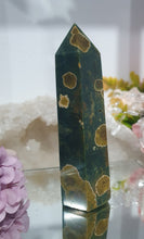 Load image into Gallery viewer, Ocean Jasper Crystal Point Tower Stone.
INSPIRES ADAPTION, OVERCOMES CHALLENGES AND BRINGS JOY
Lovely Ocean jasper crystal point tower.