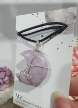 Load image into Gallery viewer, Lepidolite Moon Crystal Pendant Wire Wrapped Silver Stone with black cord chain 30mm | Stone of Transition P66