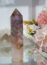 Load image into Gallery viewer, SECONDS STOCK - Amethyst Agate Crystal Point Tower Stone
THIS POINT IS A TAD WOBBLY
INSPIRES INTUITION AND WELLBEING
Amethyst Agate Tower Crystal Stone. is a little wobbly.