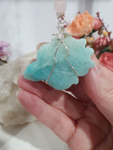 Load image into Gallery viewer, The Guardian of Good Fortune Amazonite Turtle Crystal Energy Enhancer Suncatcher Hanger Ornament. Beaded with amazonite and rose quartz and wired in gold.
