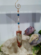 Load image into Gallery viewer, Beautiful Sunstone crystal tower beaded with apatite, sunstone and quartz suncatcher. inspires courage, joy and knowledge. Beautiful gift for any crystal lover. Hang in your room or space.