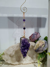 Load image into Gallery viewer, THE SEER AMULET - handcrafted Amethyst Cluster gold Crystal Energy Enhancer© Hanger Ornament Suncatcher Perfect gift for any crystal lover. Suncatchers Australia