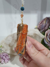 Load image into Gallery viewer, WAND OF EMPOWERMENT Sunstone Crystal Tower Stone Gold Wired Crystal Energy Enhancer© Hanger Ornament Suncatcher. Crystal Suncatcher. Inspires Courage, Joy & Knowledge