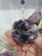 Load image into Gallery viewer, THE INTUITIVE ROSE Amethyst Carving silver Crystal Energy Enhancer© Hanger Ornament Suncatcher. Inspires Intuition, Love & Magic. Crystal Suncatchers