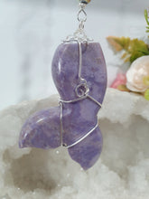 Load image into Gallery viewer, "MERMAID TALES" Lavender Jade Mermaid Tail silver Crystal Energy Enhancer© Hanger Ornament Suncatcher.
Inspires Enchantment, Freedom and Balance.
Gorgeous Lavender Jade Mermaid Tail Crystal Carving beaded with Amethyst, Rose Quartz, Rhodochrosite, Amazonite, Rainbow Hematite and Quartz. Wire wrapped in silver