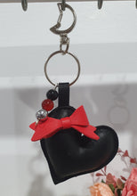 Load image into Gallery viewer, Love & Seductions Crystal Keyring in silver. Vinyl Heart with bow. Beaded with Obsidian, Carnelian and Hematite. Protection, Love and Seduction.