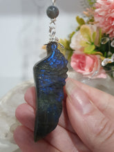 Load image into Gallery viewer, THE FEATHER OF AN ANGEL - Labradorite Feather Stone Silver Wired Crystal Energy Enhancer© / Hanger / Ornament / Sun Catcher
ANGELIC CONNECTION | STRENGTH | INTUITION
Gorgeous Labradorite feather stone crystal carving beaded with Labradorite and Moonstone. Wired in Silver