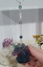 Load image into Gallery viewer, THE MYSTICAL UNICORN" Handcrafted Fluorite Unicorn Crystal Carving Silver Crystal Energy Enhancer© Gemstone / Hanger / Suncatcher / Ornament
PURITY | STRENGTH | MAGIC
Beautiful Fluorite Unicorn Carving Crystal Energy Enhancer© / Sun Catcher / Ornament / Hanger beaded with Fluorite and Quartz. wired in Silver