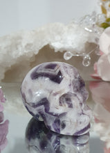 Load image into Gallery viewer, Skull Amethyst Chevron Crystal Carving Stone.
INSPIRES INTUITION & SPIRITUALITY
Beautiful polished Amethyst Chevron Skull Crystal Carving Stone.