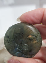 Load image into Gallery viewer, Moon Labradorite Crystal Carving
Inspires Transformation and Inner Strength
Labradorite Moon with orange flash Crystal Carving.