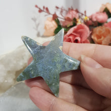 Load image into Gallery viewer, Green Moss Agate Star Crystal Carving Stone 60mm 6 ROUGH TIP EDGE