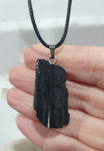 Load image into Gallery viewer, Black Tourmaline Raw Crystal Pendant Stone silver with black cord chain | Protective Energy
Beautiful Raw Black Tourmaline pendant on black cord necklace
