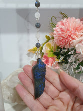 Load image into Gallery viewer, THE FEATHER OF AN ANGEL - Labradorite Feather Stone Silver Wired Crystal Energy Enhancer© / Hanger / Ornament / Sun Catcher
ANGELIC CONNECTION | STRENGTH | INTUITION
Gorgeous Labradorite feather stone crystal carving beaded with Labradorite and Moonstone. Wired in Silver