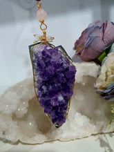 Load image into Gallery viewer, THE SEER AMULET - handcrafted Amethyst Cluster gold Crystal Energy Enhancer© Hanger Ornament Suncatcher Perfect gift for any crystal lover. Suncatchers Australia
