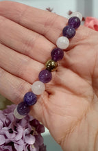 Load image into Gallery viewer, Beautiful POWERHEALER Crystal Beaded Bracelet. Amethyst, Rose Quartz, Quartz & Pyrite. 8mm