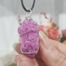 Load image into Gallery viewer, Ruby Raw Crystal Wire Wrapped Pendant Stone silver with black cord necklace P55