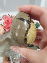 Load image into Gallery viewer, Beautiful polished Septarian Egg Crystal Carving Stone on plastic stand. A must for any crystal collector