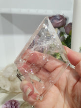 Load image into Gallery viewer, Diamond Crystal Carving Quartz Stone on Silver Stand 180mm | Inspires Power, Purity and Spirituality has amazing RAINBOWS
