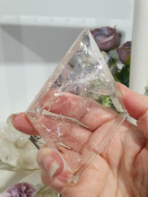 Load image into Gallery viewer, Diamond Crystal Carving Quartz Stone on Silver Stand 180mm | Inspires Power, Purity and Spirituality has amazing RAINBOWS