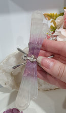 Load image into Gallery viewer, Dragonfly Fluorite Crystal Carving Stone on metal legs. LIGHT IN COLOUR
Inspires CONCENTRATION AND STABILITY
Lovely Fluorite Dragonfly crystal carving with silver metal legs. Discounted as the stone is quite light in colour.