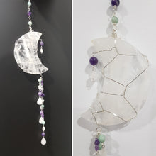 Load image into Gallery viewer, MANIFESTATION / INTUITION / SPIRITUALITY - Moon Crescent Quartz Crystal Carving Stone silver wired Crystal Energy Enhancer© / Wall Hanger / Sun Catcher / Ornament 1 360mm