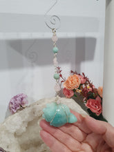 Load image into Gallery viewer, The Guardian of Good Fortune Amazonite Turtle Crystal Energy Enhancer Suncatcher Hanger Ornament. Beaded with amazonite and rose quartz and wired in gold.