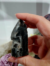Load image into Gallery viewer, Black Sphalerite Crystal Point Tower Stone. Inspires Stability and Personal Growth. lovely and sparkly