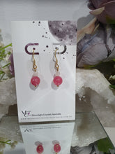 Load image into Gallery viewer, Crystal Beaded Earrings - Rhodochrosite & Quartz on gold 8mm | Compassion & Power