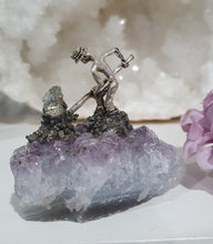 Load image into Gallery viewer, Gorgeous Miner on Amethyst Crystal Cluster Stone with pyrite. Inspires Intuition and spirituality