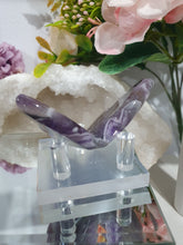 Load image into Gallery viewer, Butterfly Amethyst Crystal Carving Stone on Stand. Inspires Intuition and Spirituality.
Beautiful polished Amethyst Chevron Butterfly Crystal Carving on plastic stand