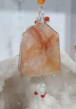 Load image into Gallery viewer, THE FIRE WITHIN" Handcrafted Fire Quartz Tower Crystal Carving Silver Crystal Energy Enhancer© Gemstone / Hanger / Suncatcher / Ornament
STRENGTH | POWER | SPIRITUALITY
Beautiful Fire Quartz Tower Carving Crystal Energy Enhancer© / Sun Catcher / Ornament / Hanger beaded with Fire Quartz, Carnelian and Quartz. wired in Silver
