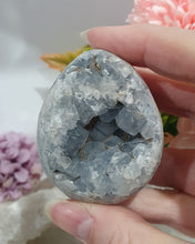 Load image into Gallery viewer, Celestite Egg Crystal Carving on silver Stand.
Inspires Communication with the Angels
Gorgeous Celestite egg Crystal Carving on silver Stand.